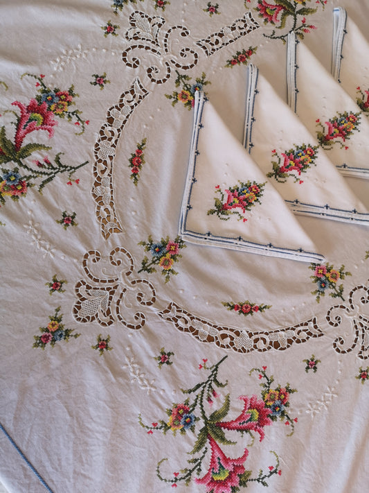 Hand Embroidered Cross Stitch Tablecloth