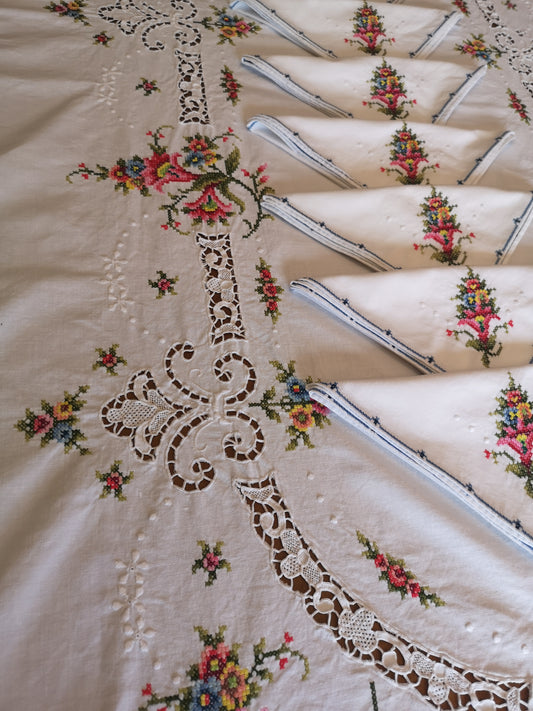 Hand Embroidered Cross Stitch Tablecloth