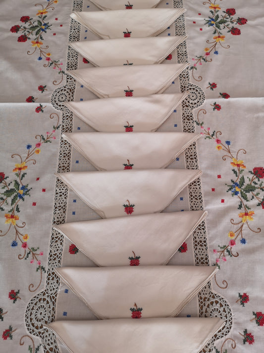 Handmade Cross Stitch Tablecloth with Strawberries – Vintage Embroidered – Cottagecore Kitchen Decor Made in Italy