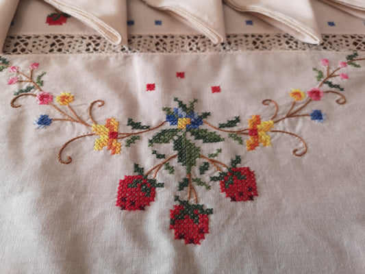 Handmade Cross Stitch Tablecloth with Strawberries – Vintage Embroidered – Cottagecore Kitchen Decor Made in Italy