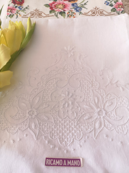 Set of 7 linen towels, including 2 beautifully cross-stitched pieces. Each towel is entirely hand-embroidered.