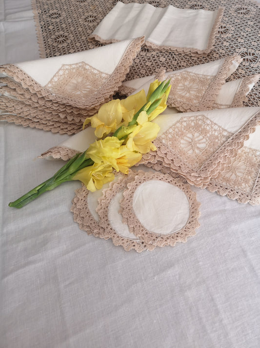 Vintage Tablecloth Linen and Lace. Made in Italia.